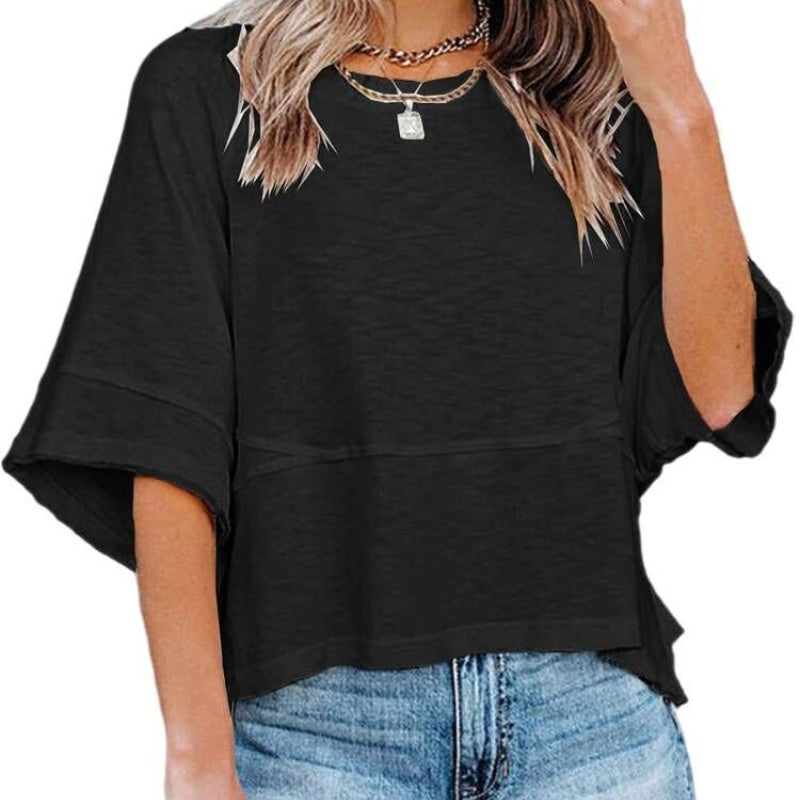 🎉 2026 Sale — Over 54,000 Sold! 👚 Women's Solid Color Splicing Loose Five Points Flare Sleeve T-Shirt – Breathable & Flowy 🌸