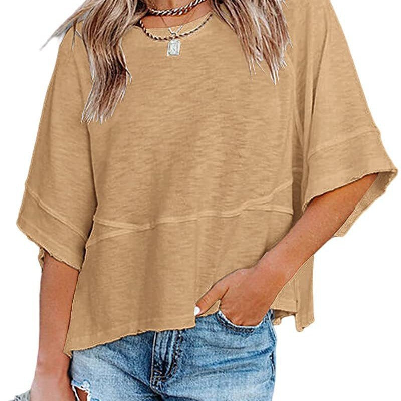 🎉 2026 Sale — Over 54,000 Sold! 👚 Women's Solid Color Splicing Loose Five Points Flare Sleeve T-Shirt – Breathable & Flowy 🌸