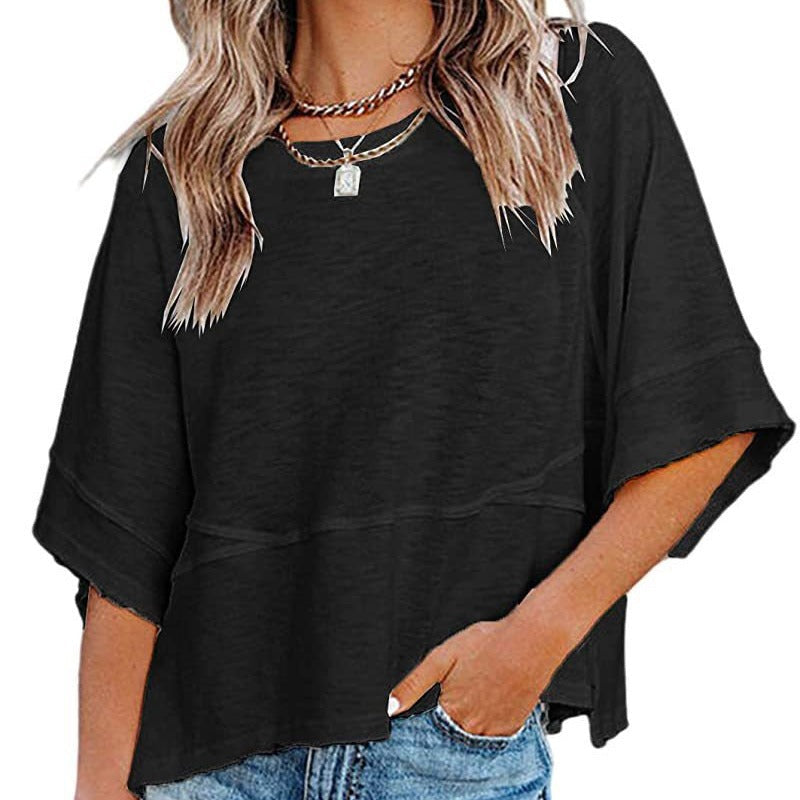 🎉 2026 Sale — Over 54,000 Sold! 👚 Women's Solid Color Splicing Loose Five Points Flare Sleeve T-Shirt – Breathable & Flowy 🌸
