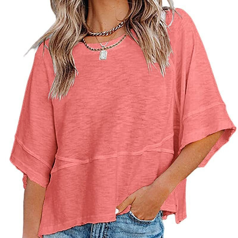 🎉 2026 Sale — Over 54,000 Sold! 👚 Women's Solid Color Splicing Loose Five Points Flare Sleeve T-Shirt – Breathable & Flowy 🌸