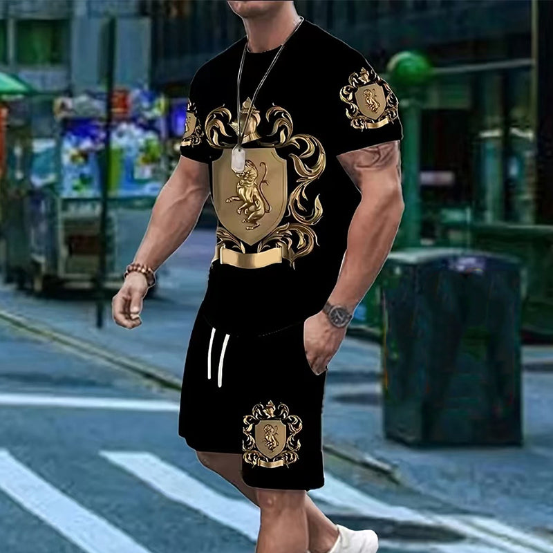 🖤👕🩳 50% OFF Men’s Gold Crest T-Shirt & Shorts Set✨ – Luxury Print, Breathable Comfort & Instant Summer Style