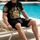 🖤👕🩳 50% OFF Men’s Gold Crest T-Shirt & Shorts Set✨ – Luxury Print, Breathable Comfort & Instant Summer Style