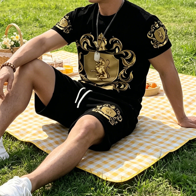 🖤👕🩳 50% OFF Men’s Gold Crest T-Shirt & Shorts Set✨ – Luxury Print, Breathable Comfort & Instant Summer Style