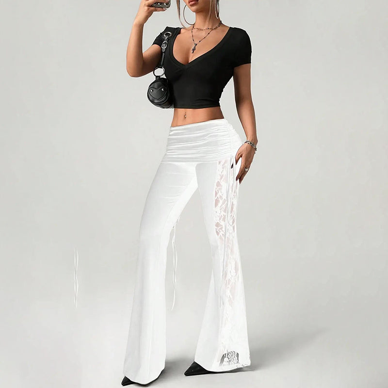 👖 LIMITED-TIME 50% OFF! ✨ Women's Ruched Lace Flare Pants – Stretchy, Slimming, Elegant 💃