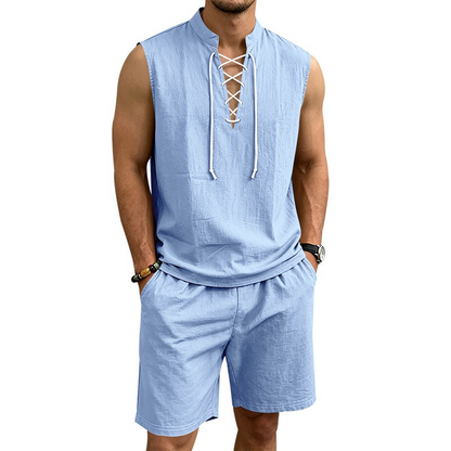 Men's Linen Sleeveless Lace-Up Top & Shorts Set