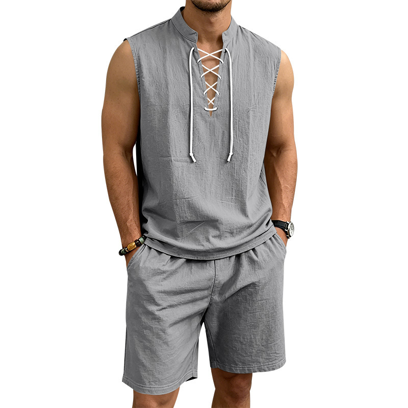Men's Linen Sleeveless Lace-Up Top & Shorts Set