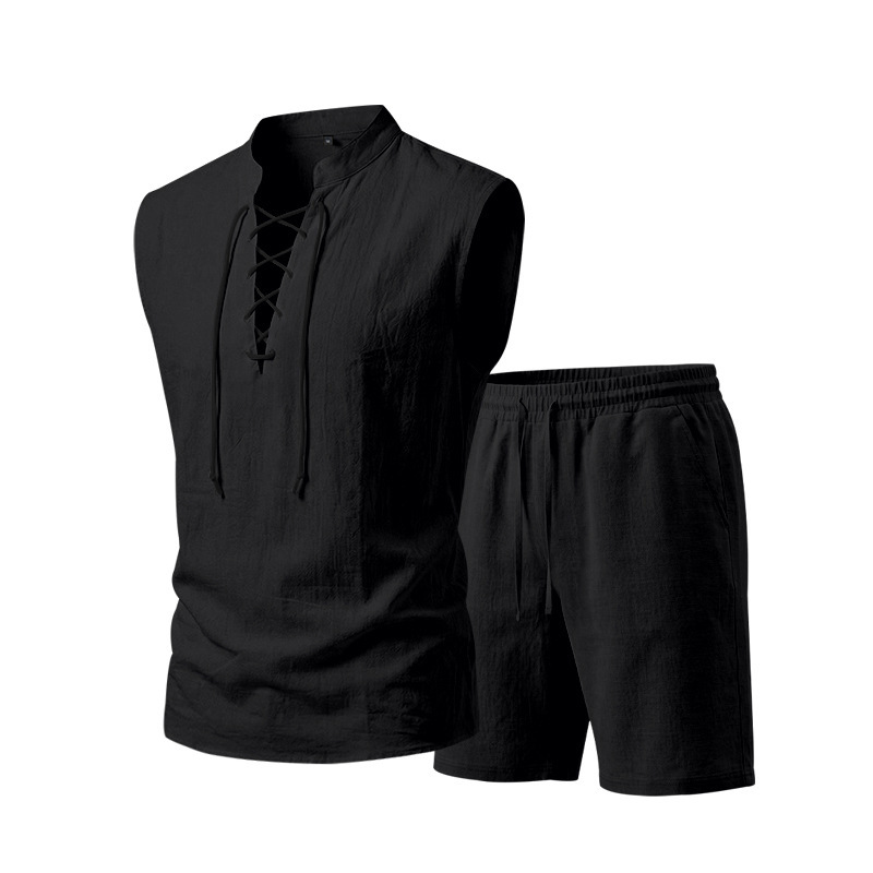 Men's Linen Sleeveless Lace-Up Top & Shorts Set
