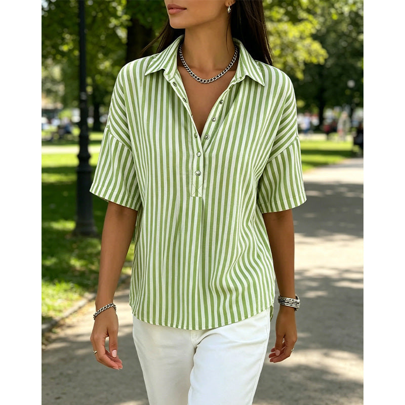👚 50% OFF NOW!🌿 Women's Casual Striped Short-Sleeve Shirt – Relaxed Fit & V-Neck – Summer Essential 🛍️