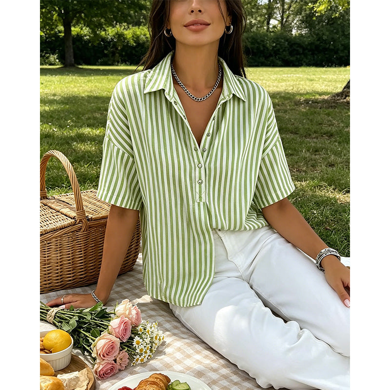 👚 50% OFF NOW!🌿 Women's Casual Striped Short-Sleeve Shirt – Relaxed Fit & V-Neck – Summer Essential 🛍️