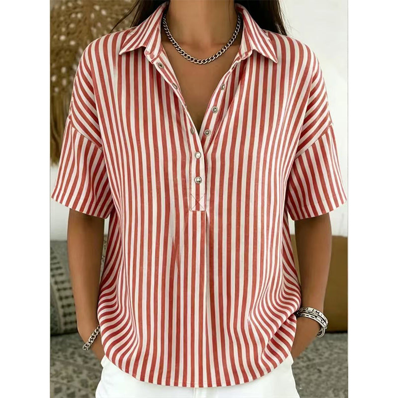 👚 50% OFF NOW!🌿 Women's Casual Striped Short-Sleeve Shirt – Relaxed Fit & V-Neck – Summer Essential 🛍️