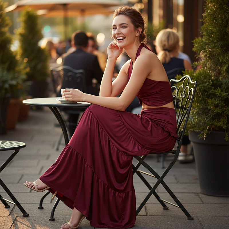 Halter Neck Crop Top & Maxi Skirt Two-Piece Set