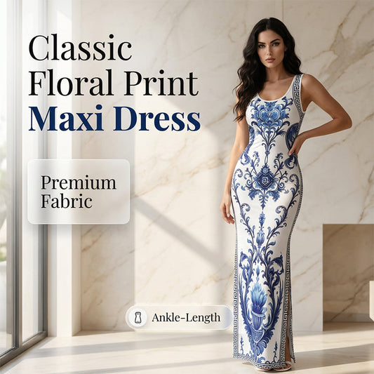 👗New Arrivals 50% OFF💥Women's Classic Floral Print Maxi Dress – Bodycon, Side Slit, Porcelain Pattern 💙
