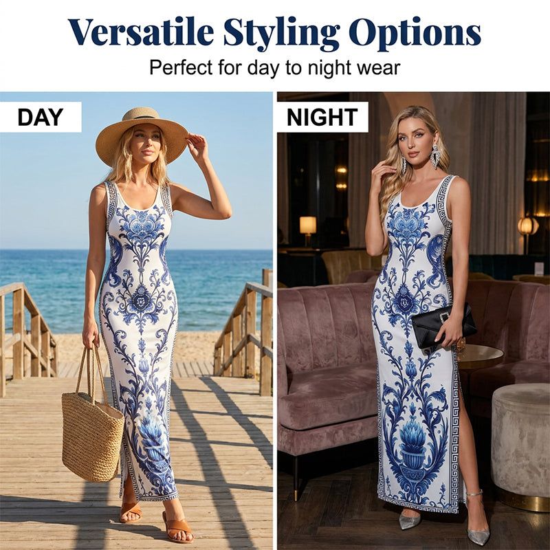 👗New Arrivals 50% OFF💥Women's Classic Floral Print Maxi Dress – Bodycon, Side Slit, Porcelain Pattern 💙