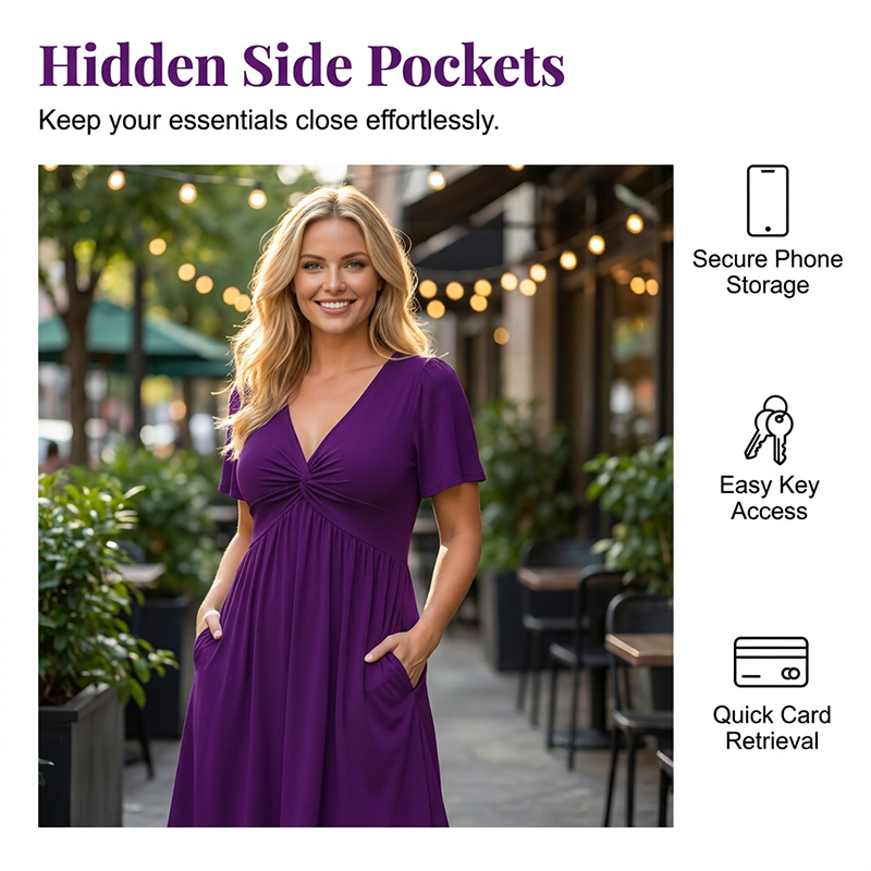 🏖️Summer New Arrive💖⌛️50% OFF NOW!!👗Elegant V-Neck Twist Front Midi Dress with Pockets — Flattering Silhouette, Effortless All-Day Style