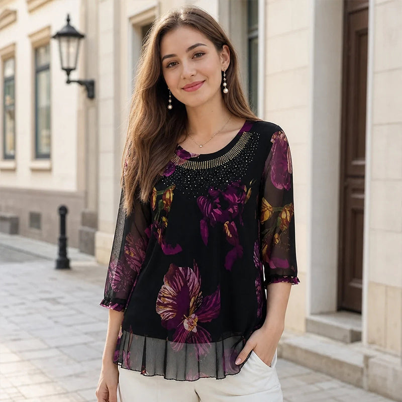 👚 50% OFF NOW! 🌸 Elegant Floral Print Tunic Top – Sheer 3/4 sleeves & double-layer hem – Plus size, lightweight & breezy – perfect for summer or boho chic 🌿✨