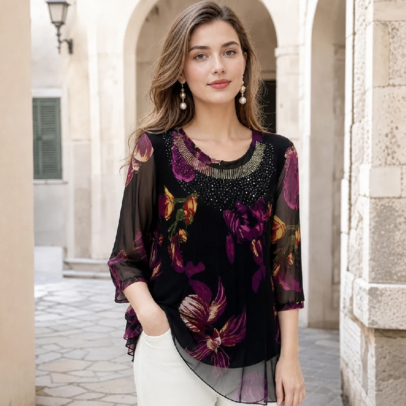 👚 50% OFF NOW! 🌸 Elegant Floral Print Tunic Top – Sheer 3/4 sleeves & double-layer hem – Plus size, lightweight & breezy – perfect for summer or boho chic 🌿✨