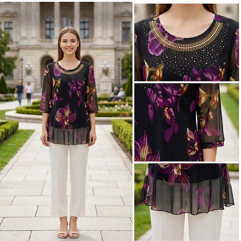 👚 50% OFF NOW! 🌸 Elegant Floral Print Tunic Top – Sheer 3/4 sleeves & double-layer hem – Plus size, lightweight & breezy – perfect for summer or boho chic 🌿✨