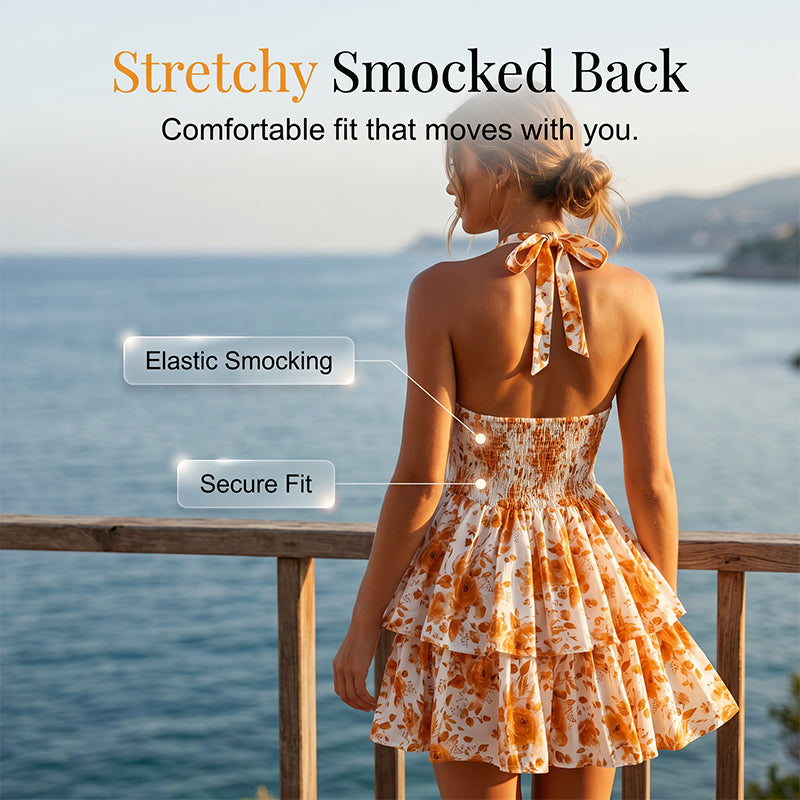 👗🌸 LIMITED-TIME 50% OFF! Women’s Halter Tie-Neck Printed Mini Dress – Lace-Up Front, Smocked Back & Tiered Ruffle Skirt ✨
