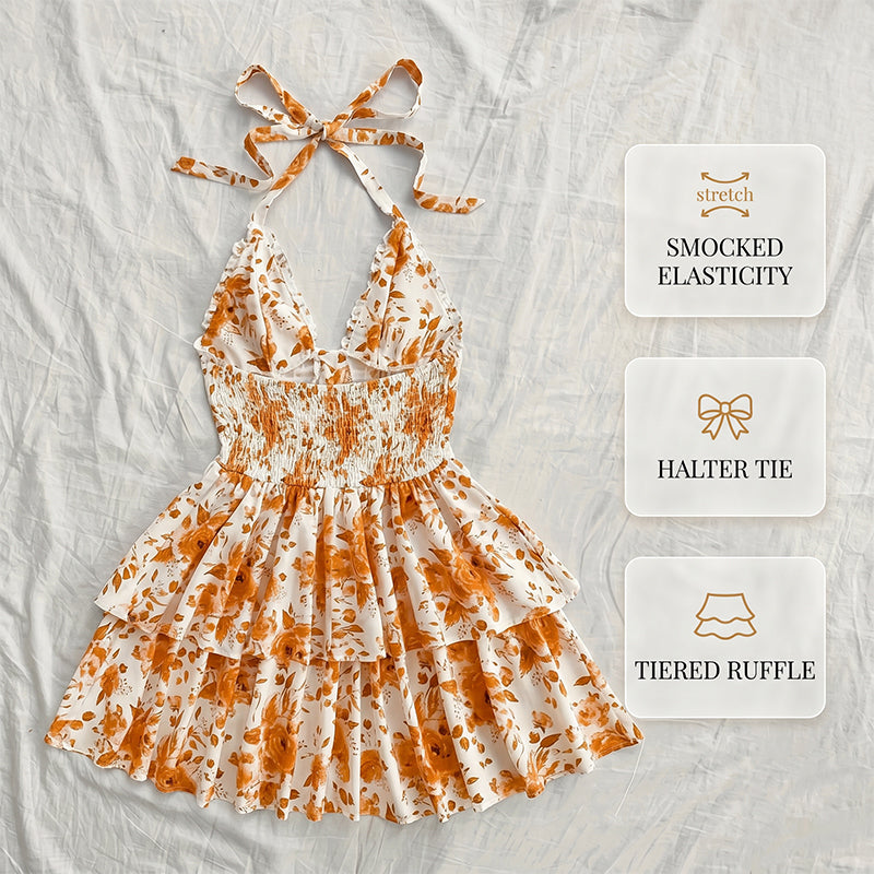 👗🌸 LIMITED-TIME 50% OFF! Women’s Halter Tie-Neck Printed Mini Dress – Lace-Up Front, Smocked Back & Tiered Ruffle Skirt ✨