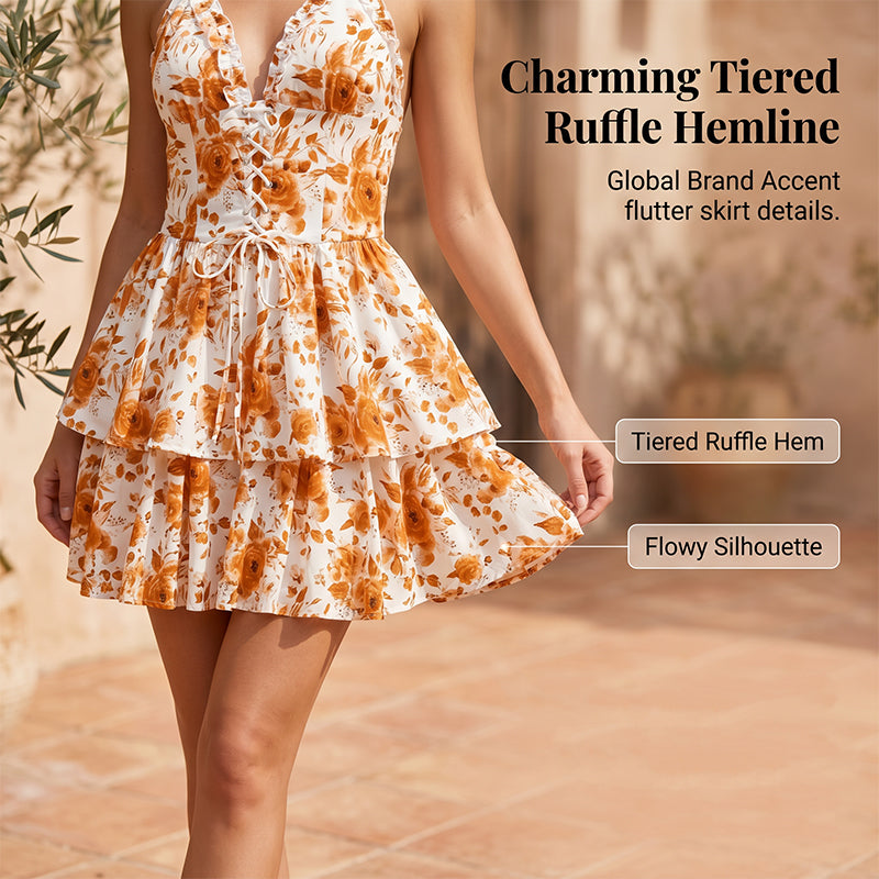 👗🌸 LIMITED-TIME 50% OFF! Women’s Halter Tie-Neck Printed Mini Dress – Lace-Up Front, Smocked Back & Tiered Ruffle Skirt ✨