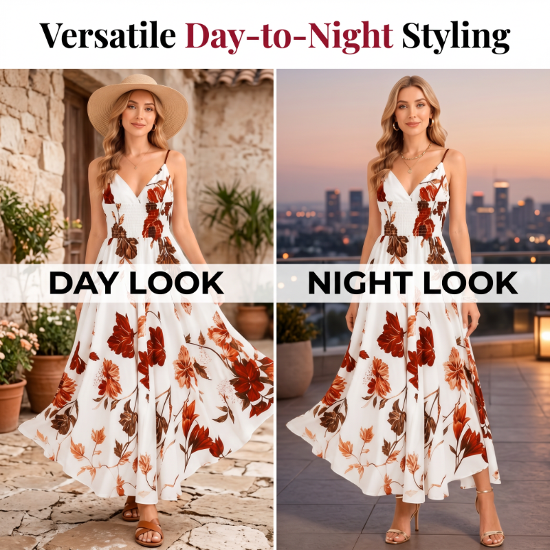 🌸 2026 Sale — Over 48,000 Sold! 💃 Women's Printed Spaghetti Strap Maxi Dress – Floral V-Neck Elegance ✨