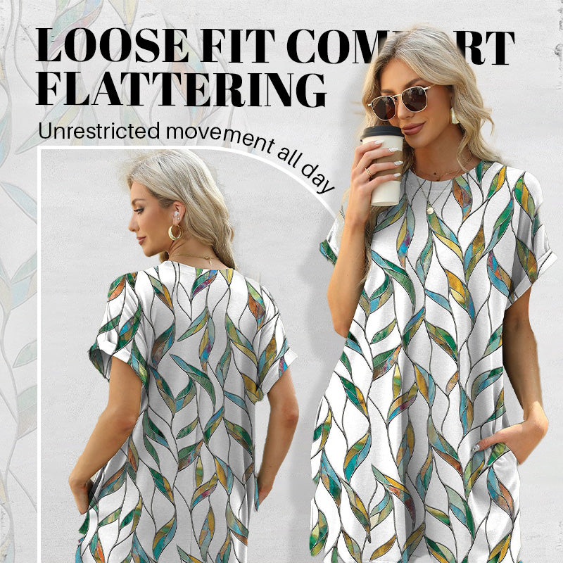 💃 Last Day Sale 50% Off 💐Loose Fit Short Sleeve Dress with Versatile Print Designs