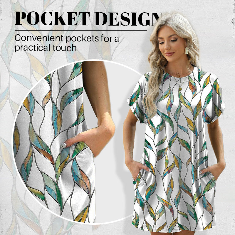 💃 Last Day Sale 50% Off 💐Loose Fit Short Sleeve Dress with Versatile Print Designs