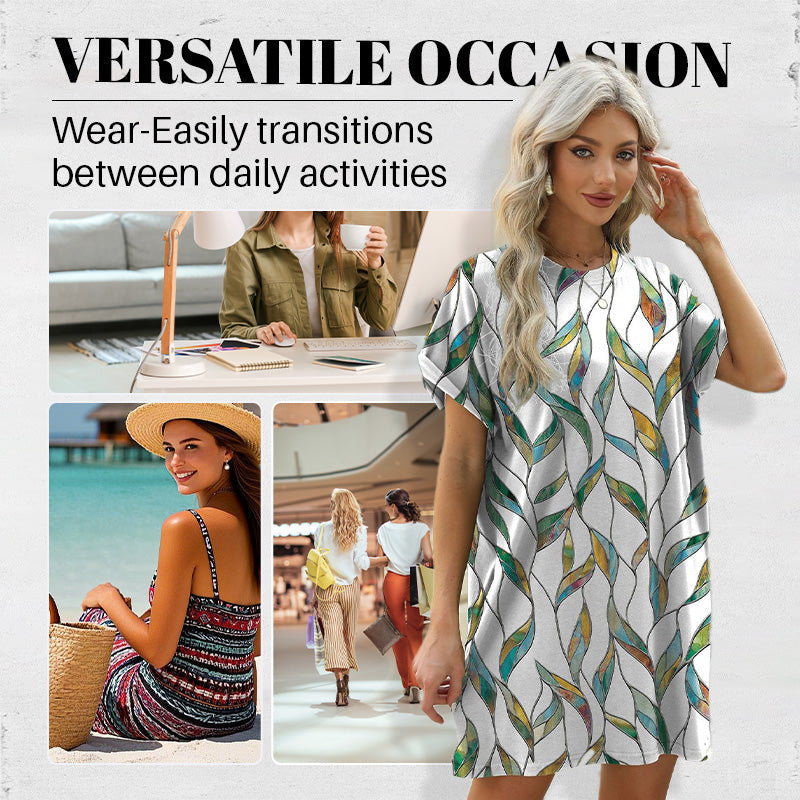 💃 Last Day Sale 50% Off 💐Loose Fit Short Sleeve Dress with Versatile Print Designs