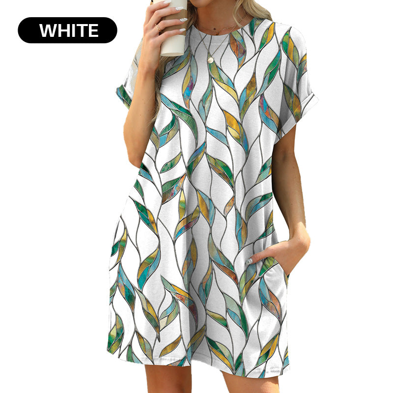 💃 Last Day Sale 50% Off 💐Loose Fit Short Sleeve Dress with Versatile Print Designs