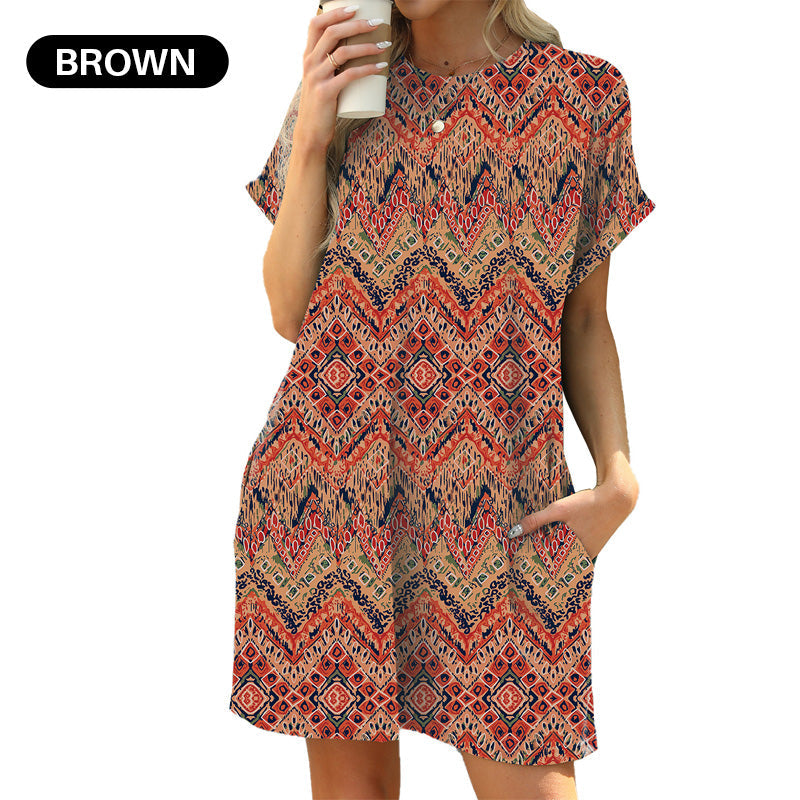 💃 Last Day Sale 50% Off 💐Loose Fit Short Sleeve Dress with Versatile Print Designs