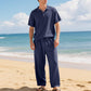 📢📢50% OFF !! ⏰Men's Casual Linen Blend Shirt and Pants Set Loose Fit Beach Wear