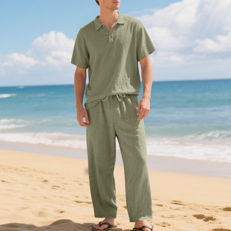 📢📢50% OFF !! ⏰Men's Casual Linen Blend Shirt and Pants Set Loose Fit Beach Wear