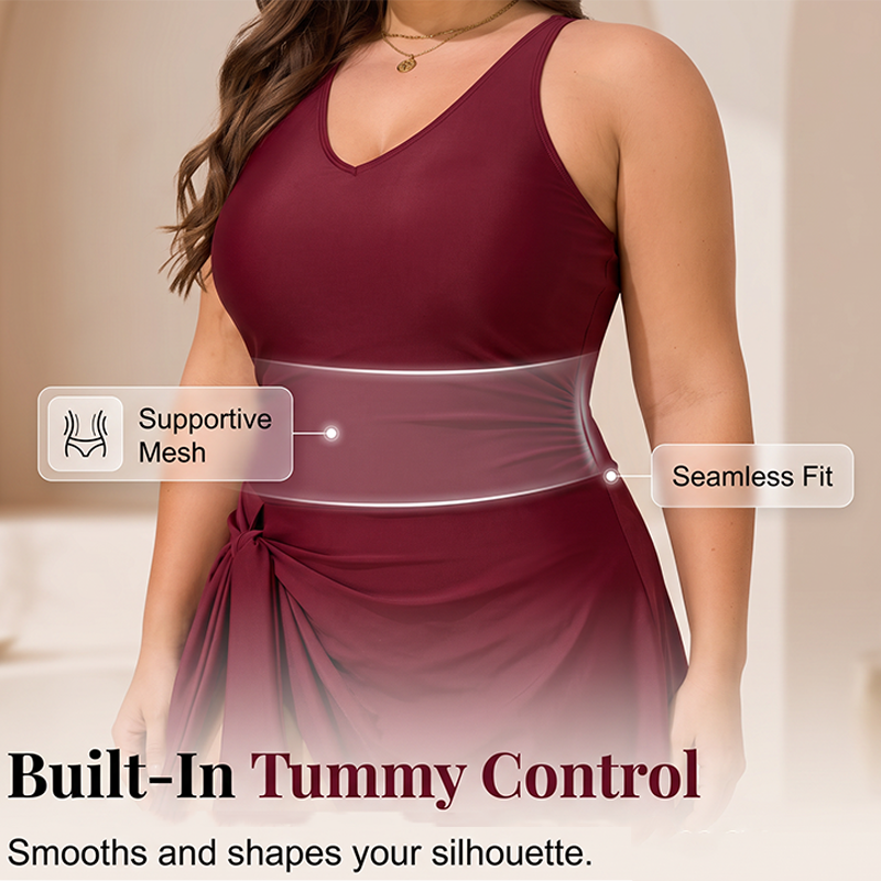 🥳SUMMER HOT SALE🎉1LAST DAY 50% OFF⌛️🩱Elegant Plus Size Solid Color Swim Dress – Premium Textured One-Piece for Beach & Pool