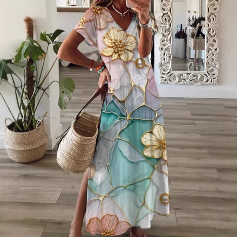 💖Last Day 50% OFF💖💃Women's V-Neck Floral Print Dress with Side Slit Hem
