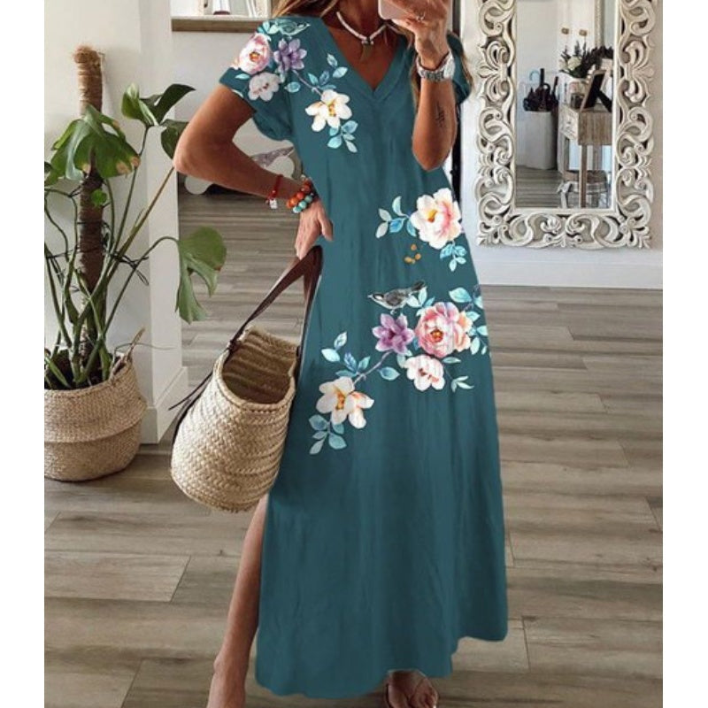 💖Last Day 50% OFF💖💃Women's V-Neck Floral Print Dress with Side Slit Hem