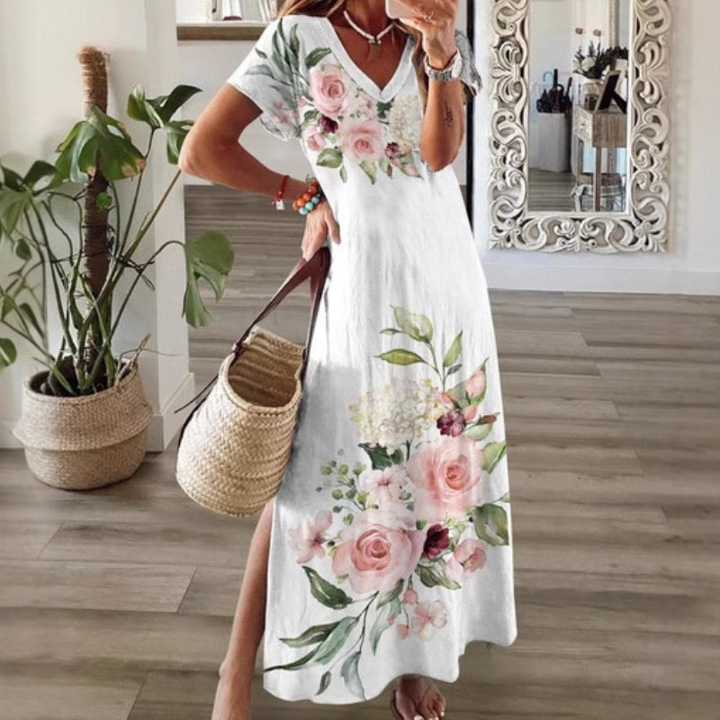 💖Last Day 50% OFF💖💃Women's V-Neck Floral Print Dress with Side Slit Hem
