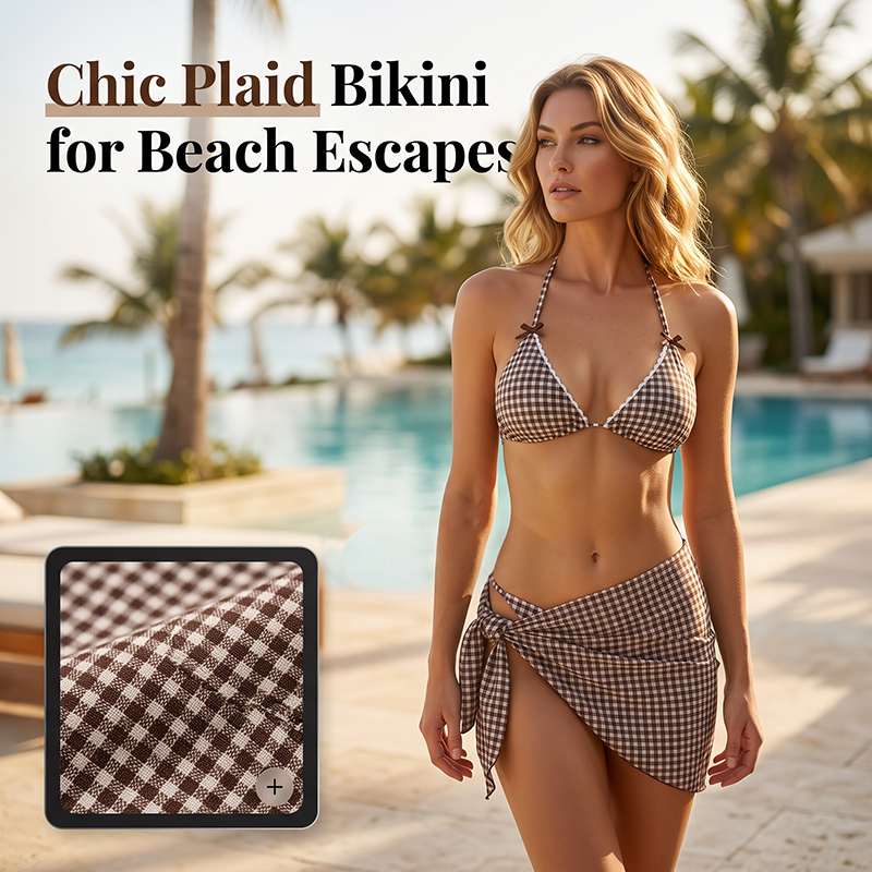 🌟50% Off Summer Hot Sale💕Women Three-Piece Halter Bikini Set with Wrap Skirt Brown Plaid Swimsuit👙🌸