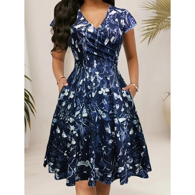 Women's Elegant Printed Dress with Pockets