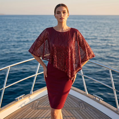 ⏳Limited-time 50% off⏰Women's Elegant Sequin Asymmetrical Cape Slim Fit Midi Dress
