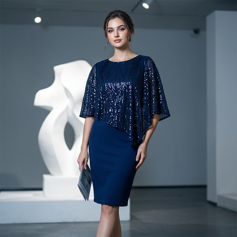 ⏳Limited-time 50% off⏰Women's Elegant Sequin Asymmetrical Cape Slim Fit Midi Dress