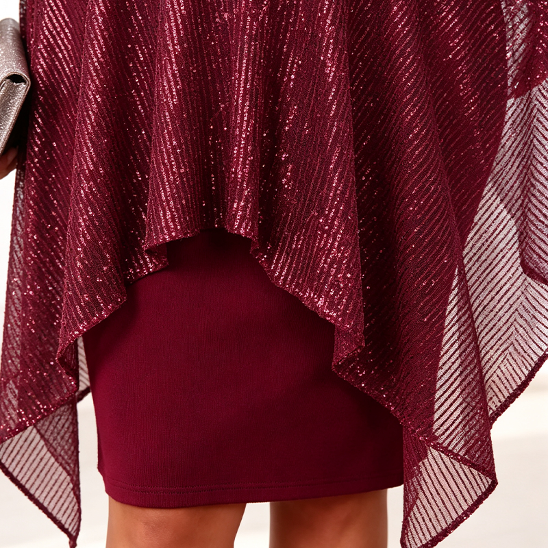 ⏳Limited-time 50% off⏰Women's Elegant Sequin Asymmetrical Cape Slim Fit Midi Dress