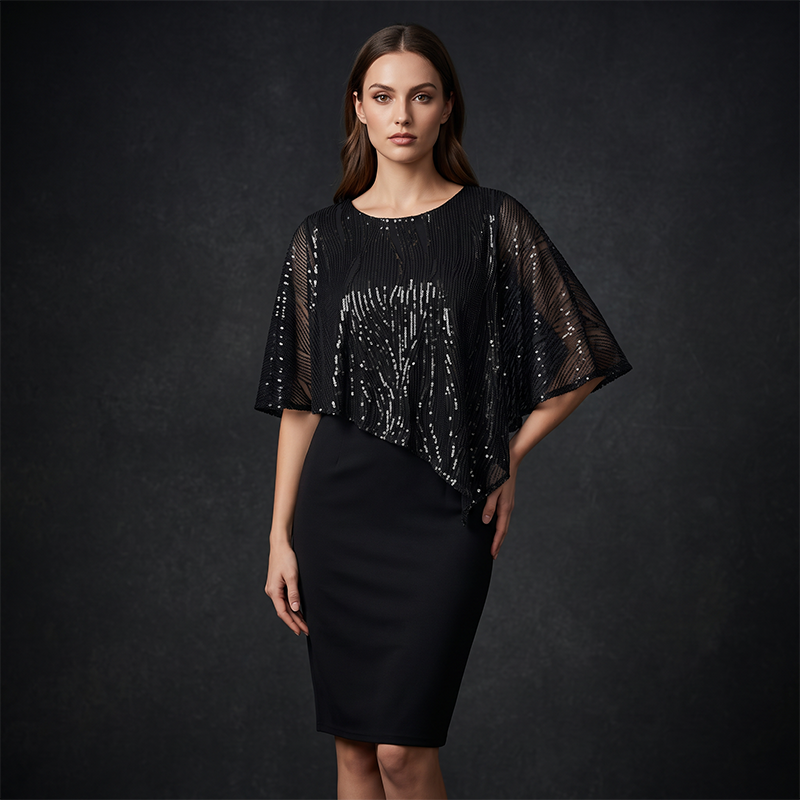 ⏳Limited-time 50% off⏰Women's Elegant Sequin Asymmetrical Cape Slim Fit Midi Dress