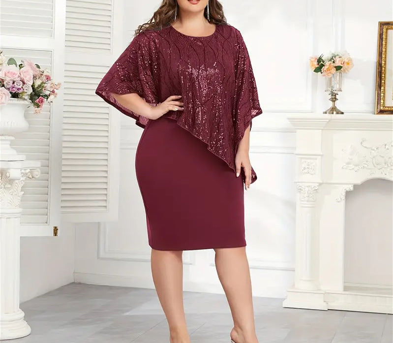 ⏳Limited-time 50% off⏰Women's Elegant Sequin Asymmetrical Cape Slim Fit Midi Dress